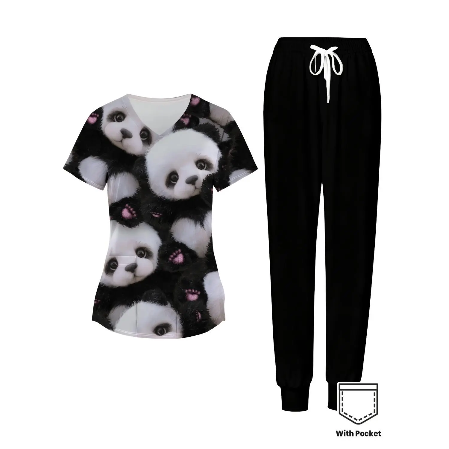Panda Print Women's V-Neck Scrub Top and Pants Set with Pockets, Soft All-Season Workwear, Comfortable Professional Uniform for Everyday Use