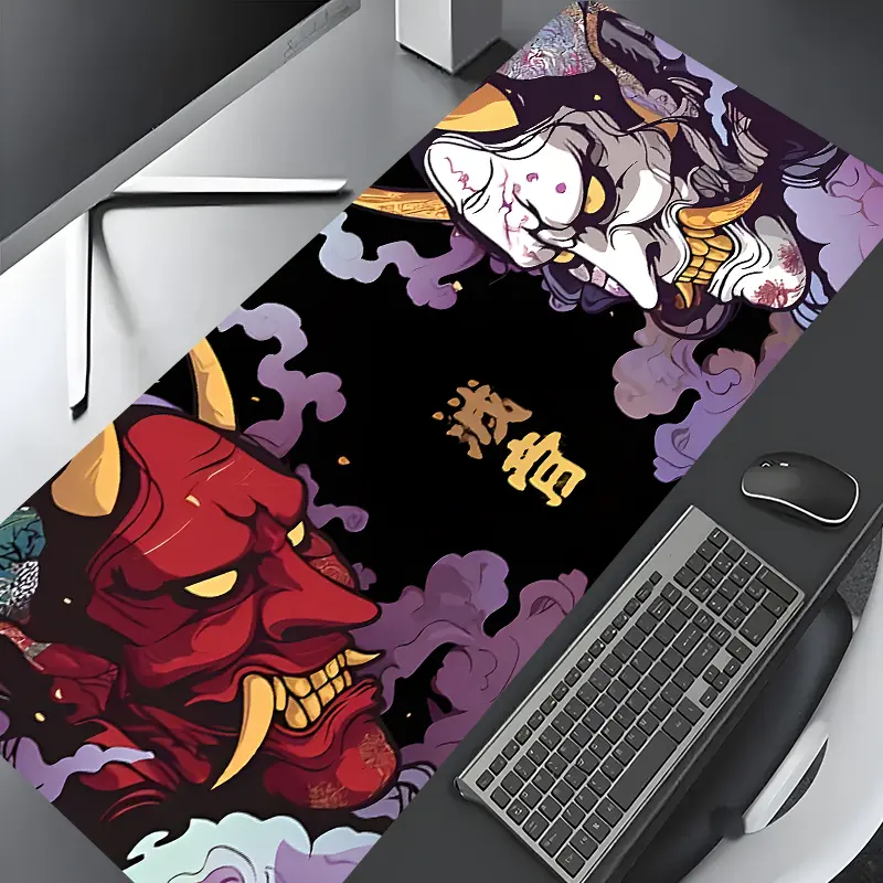 Japanese Oni Samurai Mask Design Large Gaming Mouse Pad, Washable Rubber Extended Desk Mat with Non-Slip Base, Home Office Decor, Mouse Pads for Desk, Christian Gifts for Women, Gaming Desk Accessory, Desktop Accessory, Computer Accessories for Desk