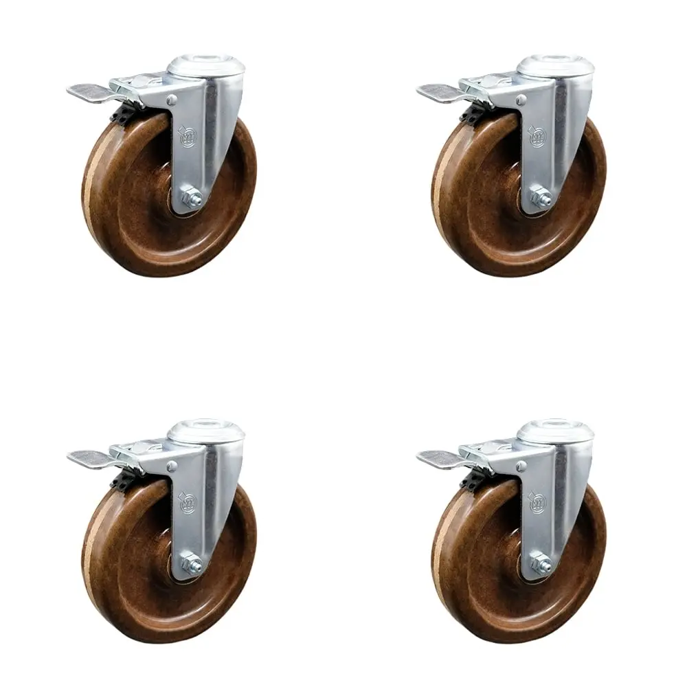 Service Caster SCC-SSBHTTL20S514-PHSHT-4 Heavy Duty Stainless Steel High-Temperature Phenolic Swivel Bolt Hole Caster Set, 5x1.25 in. Brown Lockable Wheels - 4-Piece