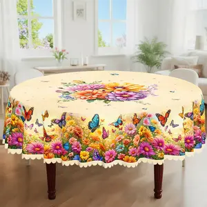 1pc, Spring Summer Themed Party Tablecloth, Multicolored Butterfly Daisy Floral Printed Design, Rectangular/Round/Oval Table Cloth, Embossed Edges, Suitable For Picnic Dinner Kitchen Dining Room Decoration