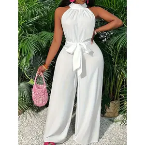 Elegant women’s solid-color jumpsuit, sleeveless high neck with tie waist and wide-leg design, perfect for summer vacations