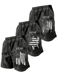 New Men's Cotton Vintage Short Pants '1776' American Flag Distressed Shorts, Casual Patriotic Gym Shorts for Young Males