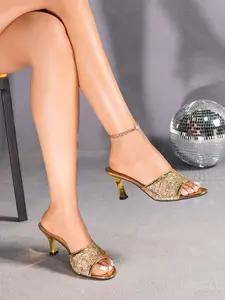 Mesh Sequin Party Sandals, Round Toe High Heel Flip Flops, Sweet Style Embroidered Shoes, Less Than Ankle Height