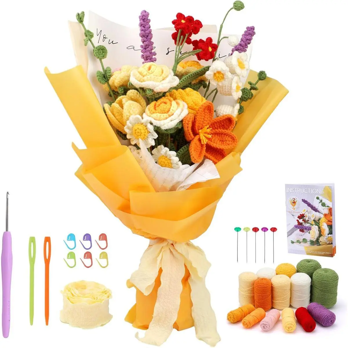 Crochet Kit for Beginners, Flower Bouquet Crochet Kit Rose, Knitting Starter Kit with Crochet Yarn and Step-by-Step Instructions for Birthday, Wedding Anniversary Day Present