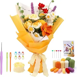 Crochet Kit for Beginners, Flower Bouquet Crochet Kit Rose, Knitting Starter Kit with Crochet Yarn and Step-by-Step Instructions for Birthday, Wedding Anniversary Day Present