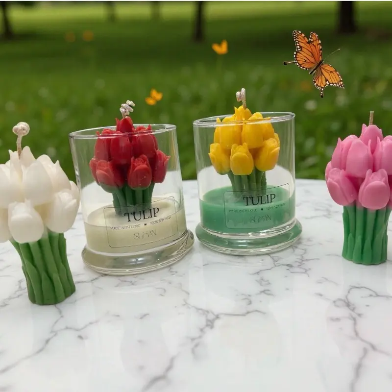 Tulip Bouquet Candles - Red, Yellow, and Pink - Decorative Candle for Home Decor