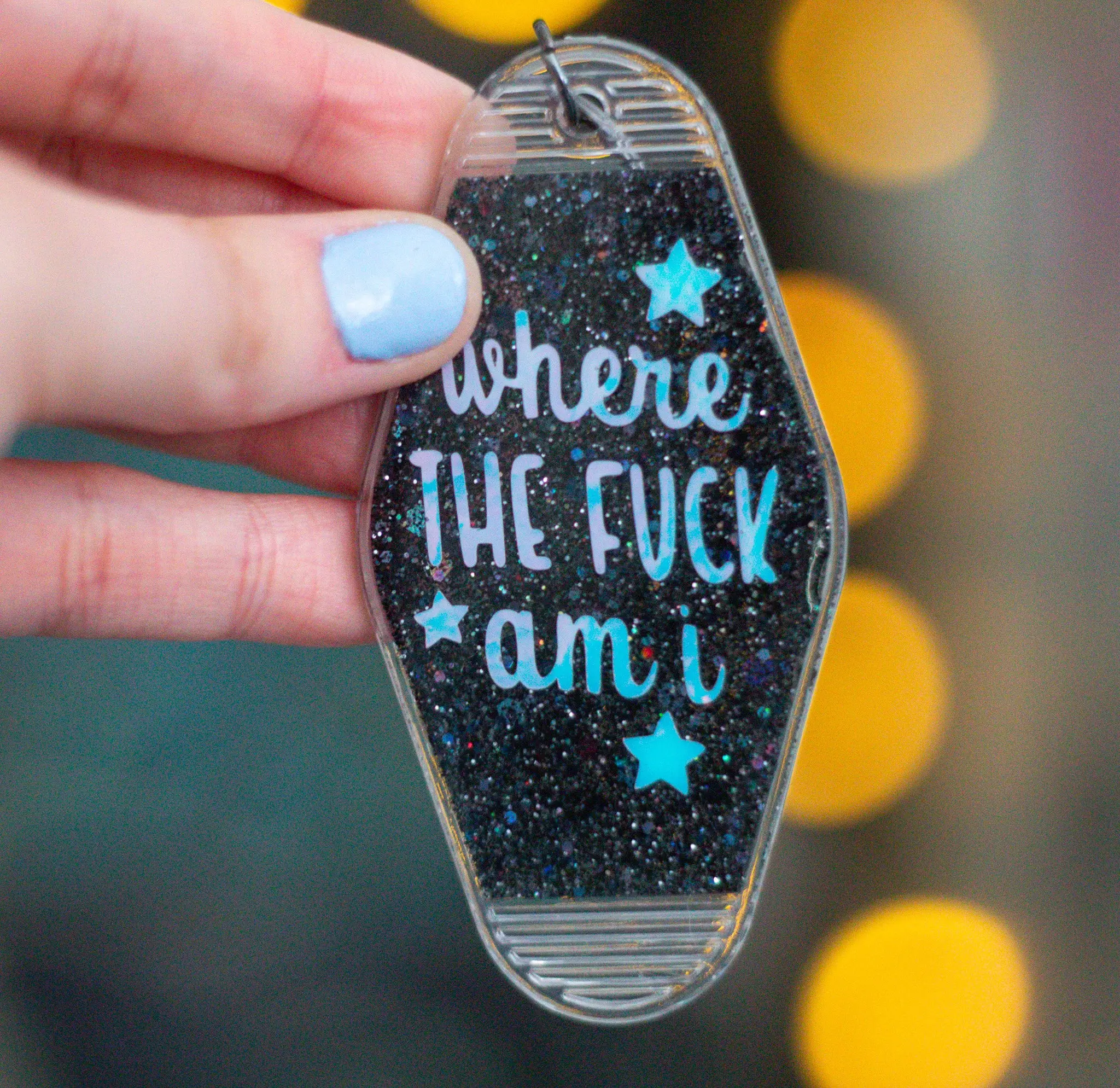 Where the F*ck Am I? • Glitter Resin Motel Keychain • 3.5"