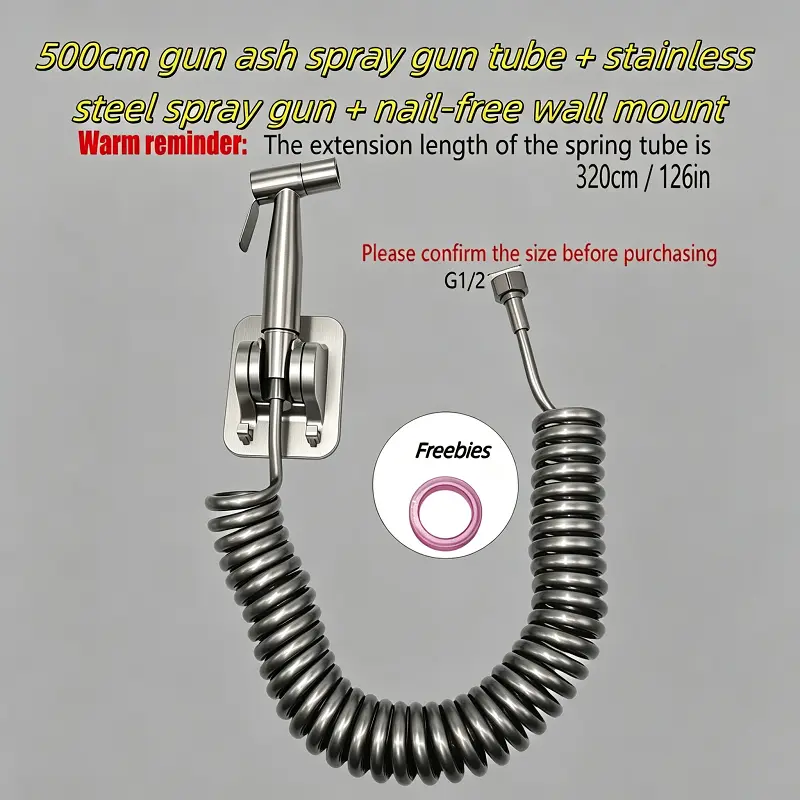 3-piece bathroom flushing set Sestainless steel handheld spray gun 2m 3m 5m extension pipes and nail-free wall mount