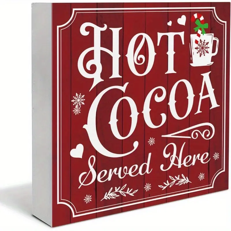 Vintage Christmas Decor, Hot Cocoa Wooden Sign, Coffee Bar Wooden Block Sign, Christmas Kitchen Decorations for Table Shelf 5 x 5 Inch