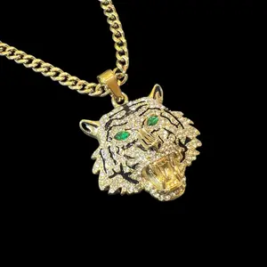 Men's Stainless Steel Shiny Gold-Tone Metal Tiger Pendant Necklace