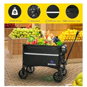 ROSONG Collapsible Wagon Cart with Wheels Foldable 250LBS Max Load Waterproof Reflective Strip Adjustable Strap Heavy Duty for Grocery Sports Garden Shopping Camping Wheelbarrows Black 120L