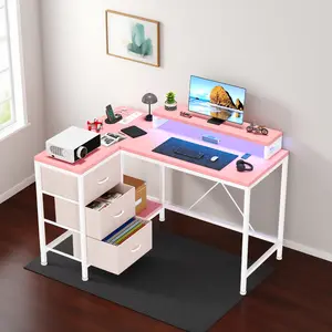 Pink L Shaped Corner Desk with Power Outlets and LED Lights, Gaming Computer Desk Equipped with Drawers and Storage Shelves, Multifunctional Home Office Workstation