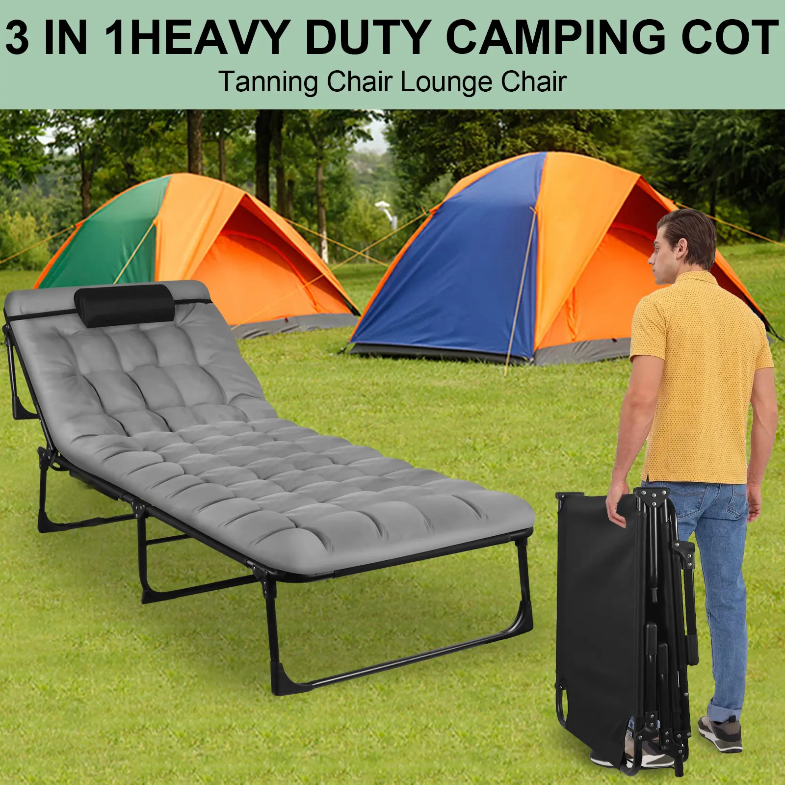 Folding Bed Cot with 2 Sided, 74''*26'' Portable Sleeping Guest Beds, Heavy Duty Camping Cots with Carry Bags, Adjustable Outdoor Champing Bed Multi Purpose Foldable Camping Furniture