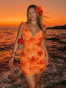 SlaySleep x  ICON Plus Size Women's Orange Summer Boho Vacation Holiday Retro Y2K Sweetheart Neck Ruffle Floral Print Slim Fit Mesh Dress Beach Elegant Fashion