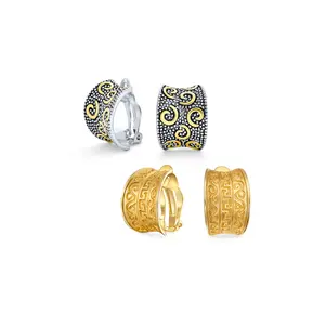 Egyptian Greek Style Clip On Earrings Swirl Two Tone Non Pierced Ears Gold Plated (Set of 2)