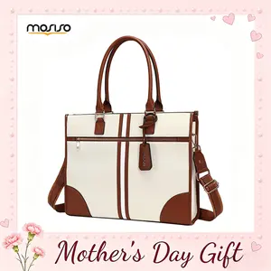 【Mother's Day Gift】MOSISO Chic Polyester Women's 15.6in Laptop Tote Bag - PU Leather Patchwork Stripe Work Purse with Front Zipper Pocket, Large Capacity Waterproof Shoulder Handbag for Business, Daily Travel