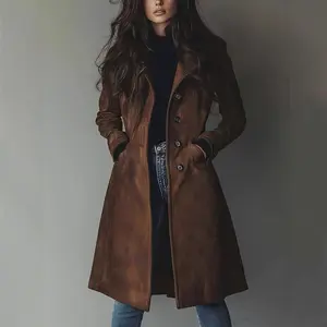 Corduroy Double-Breasted Mid-Length Trench Coat Women's Vintage Turn-Down Collar Waist-Cinching Casual Jacket Suede Coat