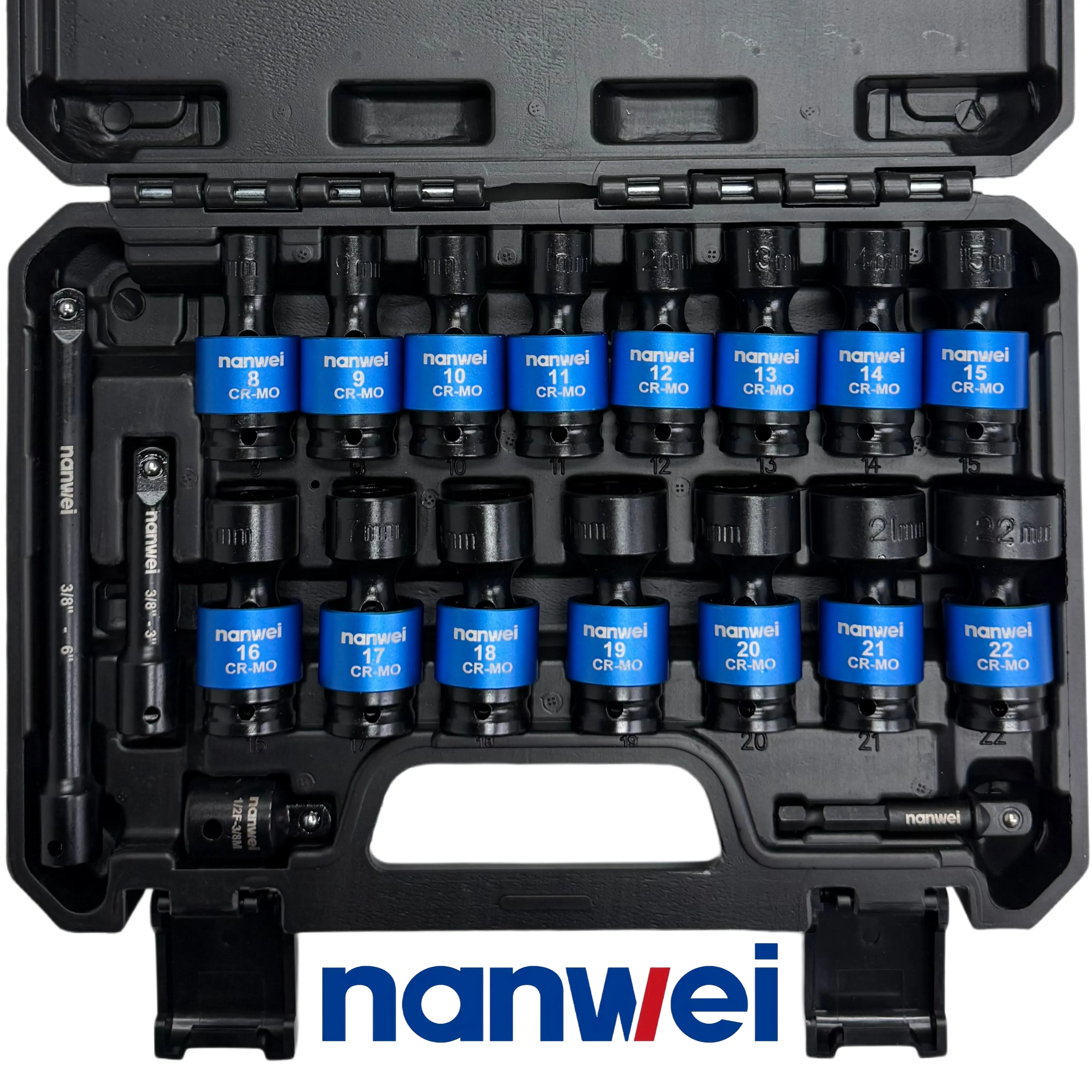 19-Piece 3/8" Drive Universal Impact Swivel Socket Set, CR-MO Steel Metric 8–22mm with Extension Bars & Storage Case