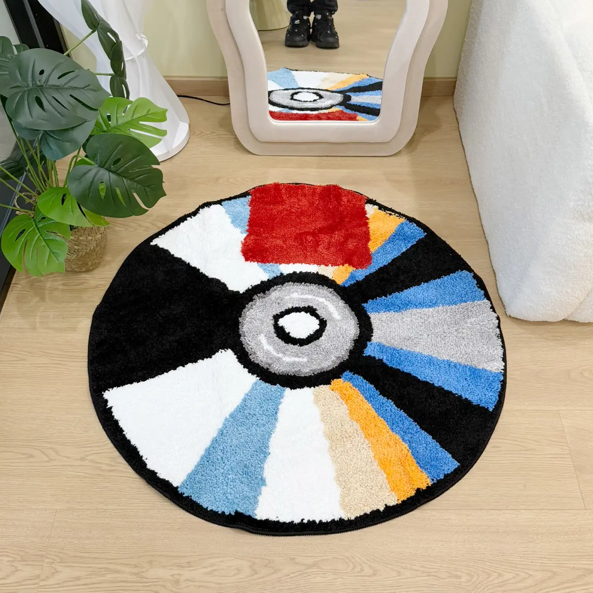 Retro Multicolor CD-Shaped Fluffy Floor Mat - 1-Piece Industrial Flocked Texture Rug, Soft Non-Slip Absorbent Cozy Home Interior Decor for Living Room, Game Room