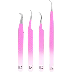 Tweezers for Eyelash Extensions (Set of 4) - Professional Lash Extension Tweezers - Fiber Tip, Japanese Steel, Diamond Grip Eyelash Extension Tweezer (PW-Ombre)