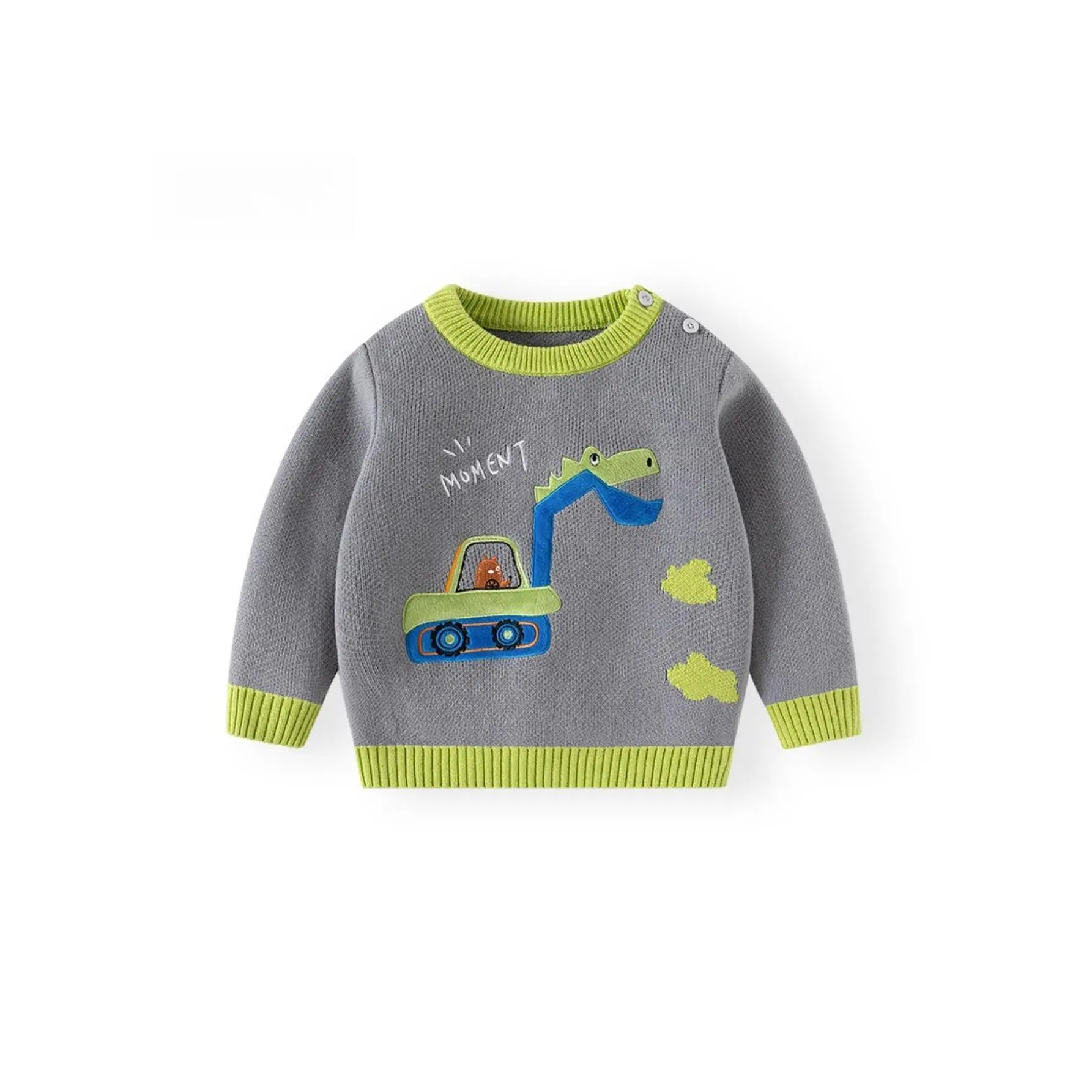 NewBoys' Dinosaur Print Thickened Knit Sweater |     Fall/Winter Cozy Pullover for & Kids, Warm & Soft Top, Cute & Comfortable All-Season Wear for Indoor/Outdoor Activities, Acrylic, Crew Neck, Half Placket, Long Sleeve
