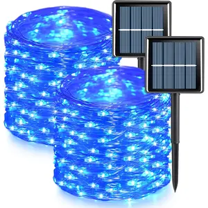 Blue Solar Christmas Lights, 2 Pack Each 66ft 200 LED Solar Fairy Lights,  Wire Solar Twinkle Mini Lights with 8 Modes