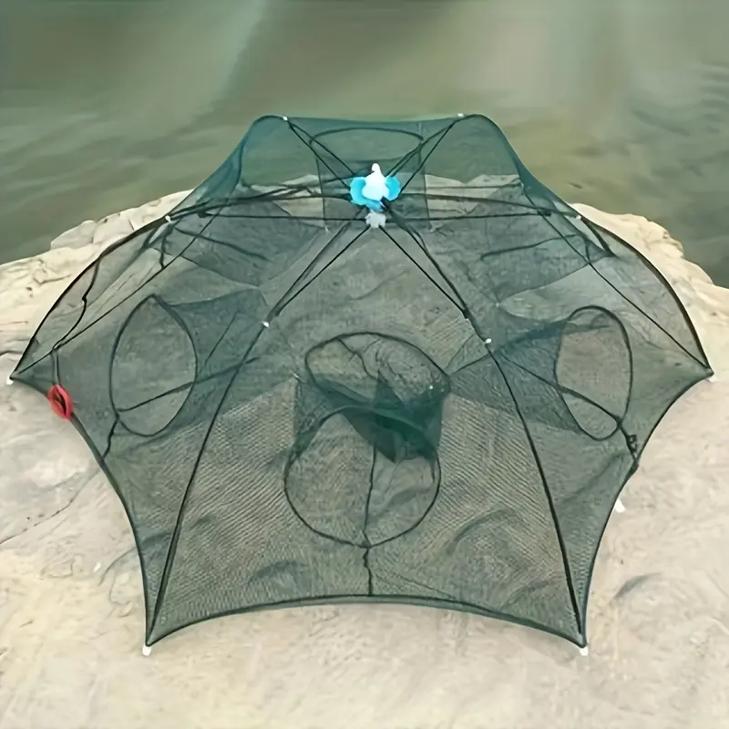1pc Hexagonal Fish Trap with 6-Hole Design - Durable Nylon Mesh for Shrimp, Crabs, and Fish | Green Hexagon Pattern with Blue Handle | Portable Outdoor Fishing Gear | Functional Fishing Equipment, Fish Traps for Fishing