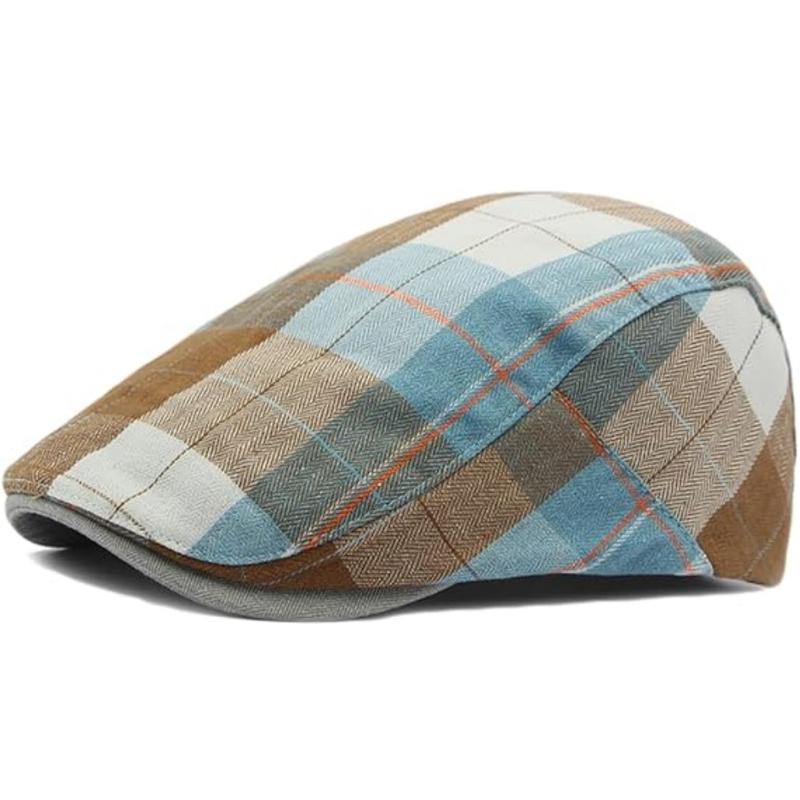 2 Pack Men's Newsboy Hat Flat Cap Adjustable Plaid Gatsby Cabbie Driving Golf Hat Beret