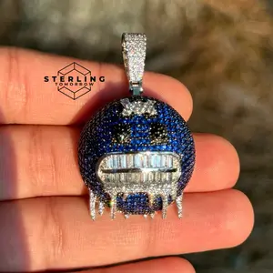 Blue Frozen Emoji Iced Out 14k White Gold Finish Pendant Emoji Gift + Free Steel AntiTarnish Rope Chain