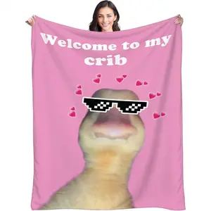 "Welcome to my Crib" Meme Duck Flannel Fleece Blanket, Pink Y2K Aesthetic Cozy Throw for Couch Bed, Gen Z Humor Viral TikTok Room Decor, Unique Dorm Essential & Housewarming Gift for Teens