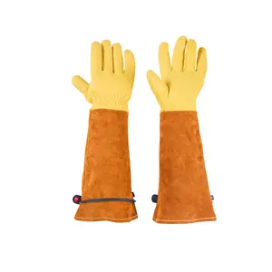 Gardening Gloves Thorn Proof Long Leather Rose Pruning Gloves for Men & Women Durable Lambskin Cowhide 17.5 Inch Arm Protection Secure Slip Resistant Adjustable Drawstring Elastic Wrist Cuff