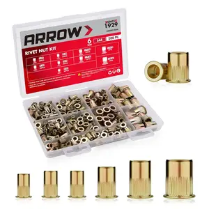 Arrow Rivet Nut Kit, 200pcs SAE High Carbon Steel Zinc Plated Rivnut Assortment Kit, Flat Head Threaded Insert Nutserts(#6-32, #8-32, #10-24,1/4"-20, 5/16"-18, 3/8"-16)