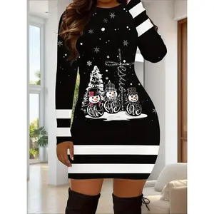 Women’s casual fitted striped dress with a small snowman cartoon print, long sleeves, short length—ideal for fall and winter holidays