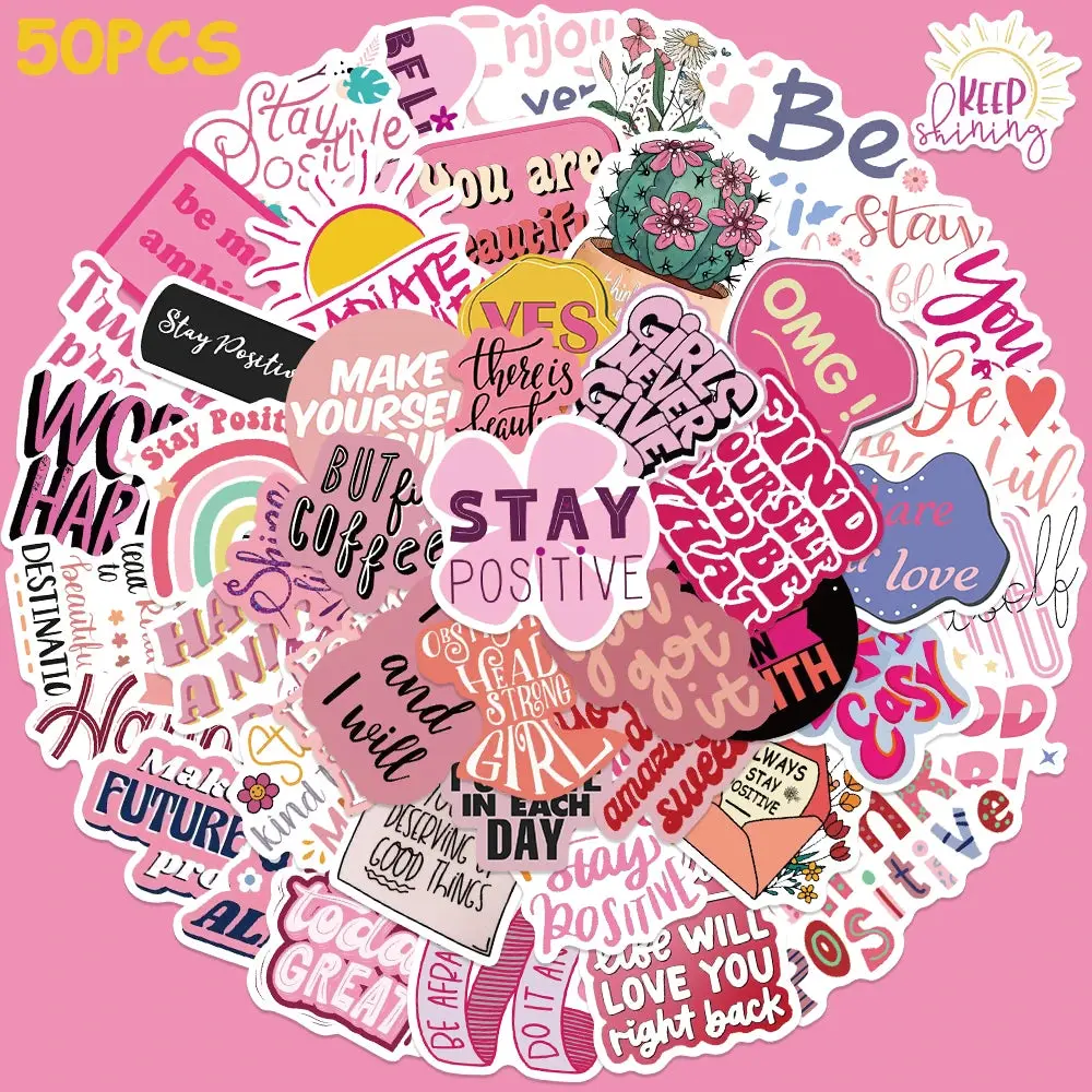 50pcs Pink Inspirational Phrases Stickers Aesthetic Decals Laptop Skateboards Luggage Guitar Notebook Waterproof Vinyl Sticker