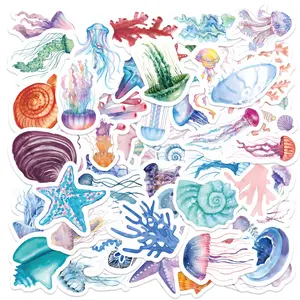 52pcs Watercolor Ocean Marine Life Stickers Pack, Waterproof Beach Themed Jellyfish Shell Decals for Laptop, Water Bottle, Journal & Scrapbook, Ocean Lover Gift, Stickers Kit, Sticker Packs