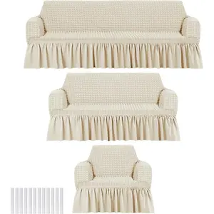 3 Pcs Sofa Slipcover Set for Couch Cushion Washable High Elastic Stretchable Furniture Couch Covers with Skirt for Sofa Loveseat Arm Chair(Beige,Seersucker)