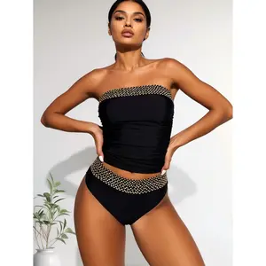Luxury Chain Trim Bandeau Tankini| Ruched Tummy Control Two-Piece Swimsuit Vacation Ready!Chain Detail Bandeau Tankini – Tummy Control & Flattering Fit bathing suit bikini outfit full coverage cutout