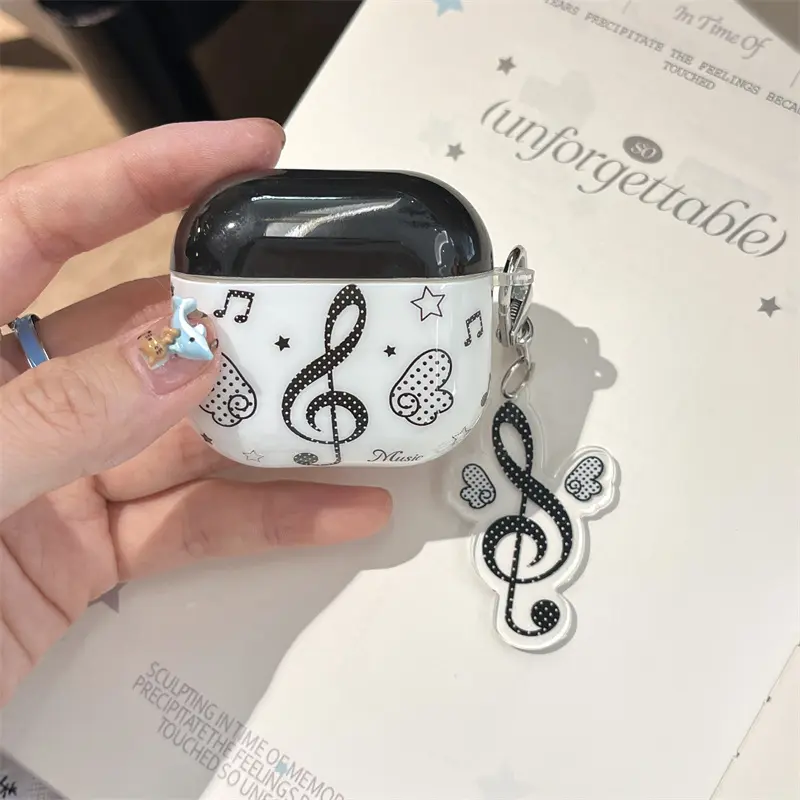 Black and white minimalist polka dot note wing headphone protective cover with note pendant for AirPods 1 2 3 4 Pro Pro2 Headphone Accessories Earphone Protective Cover