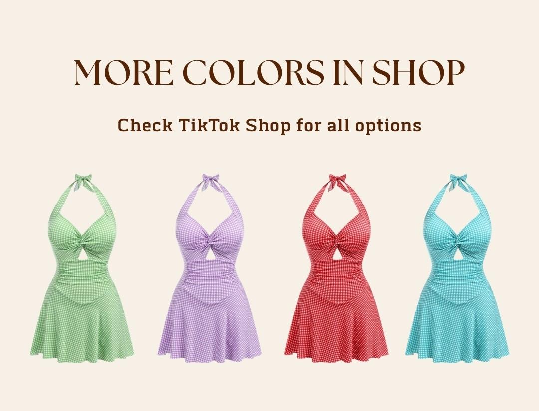 Purple 1930s Plaid Halter One-Piece Retro Halter One Piece Swim Dress for Women Gingham Print Push Up Swimsuit with Tie Back and Skirted Bottom Trendy Summer Outfit for Vacation Look and Try On Haul Retro Stage Flowy Swimdress