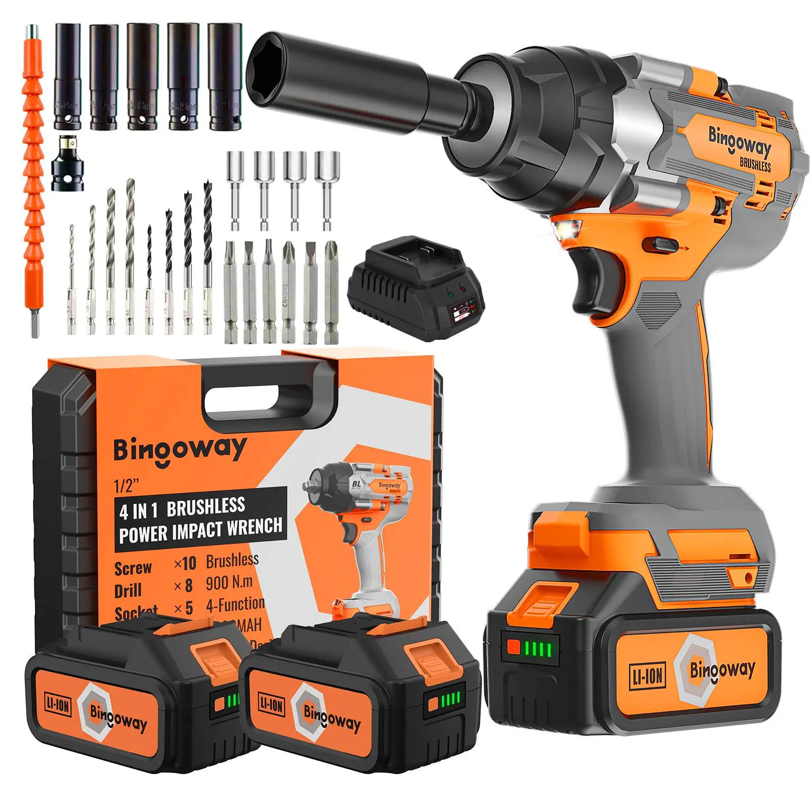 Bingoway 1/2"Brushless Cordless Impact Wrench Set,900N(664ft-lbs)Max Torque Power Impact Driver Tool,Impact Gun With 2x4.0Ah 21V Batteries,4Function,High-Intensity Rubber Protection,5Sockets,8Drills,10Screws,LED,Variable Speed for Car Repair Home,Tool Box