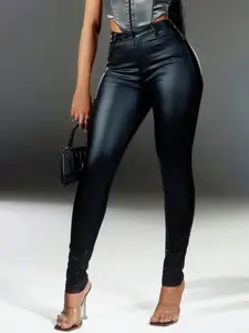 High Waist Button Fly PU Leather Elastic Tight Pants, Casual Long Pants for Music Festivals and Parties, Women's Fashion