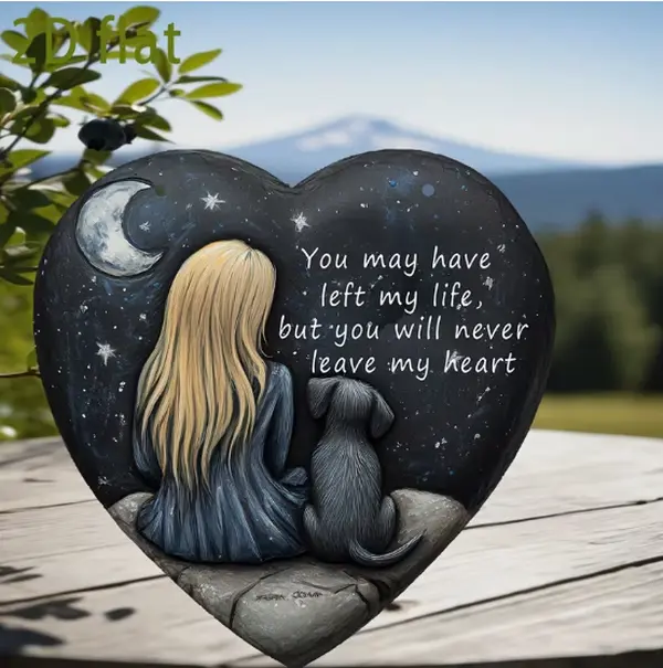 2D Flat, Single-Piece Heart-Shaped Acrylic Memorial Stone - “You May Have Left My Life...” Pet Memorial Gift, 15 cm x 15 cm, rustic-style wall hanging featuring a starry night landscape with silhouettes of a woman and a dog