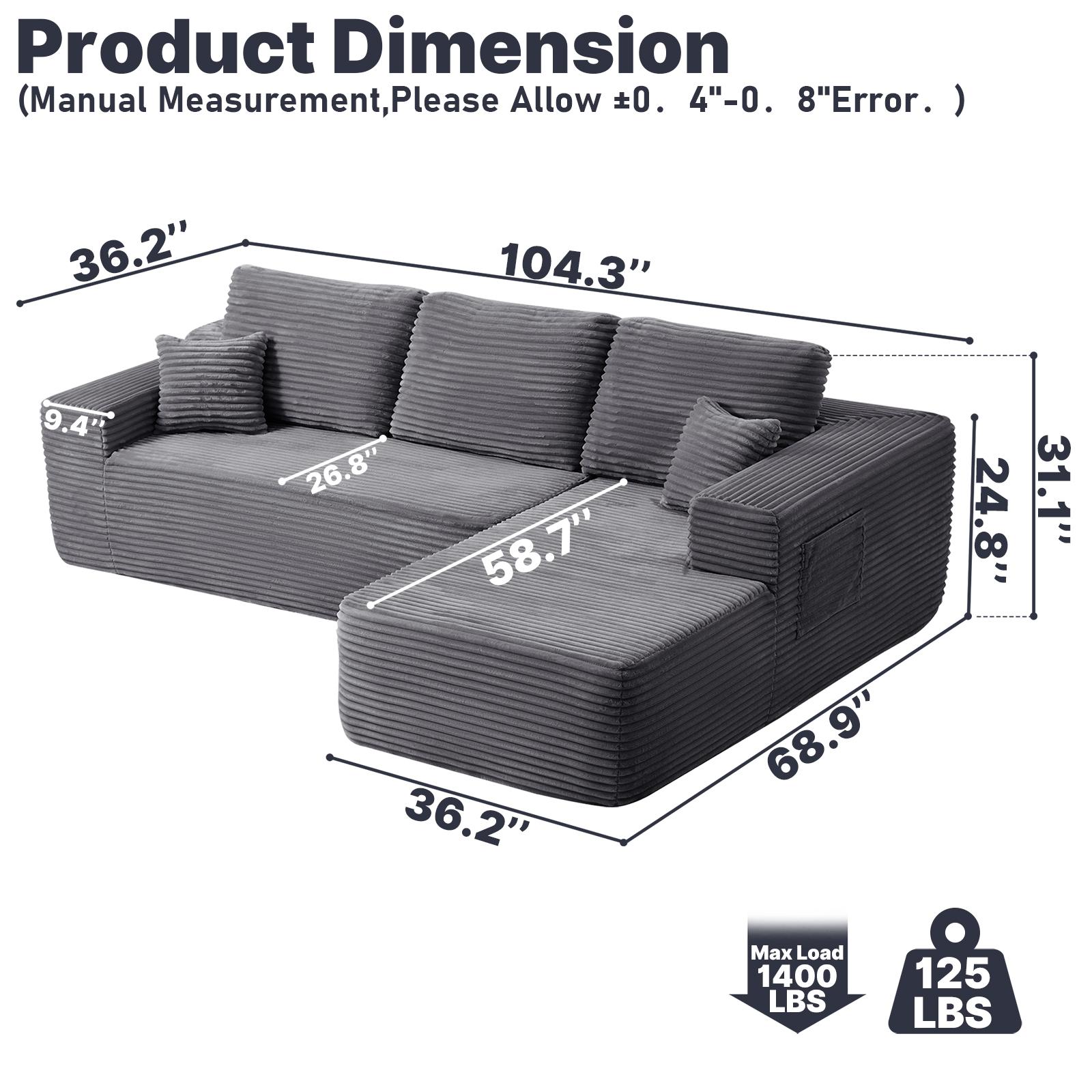 96.9" Cloud Sectional Sofa with L-Shape Chaise and Side Pockets , bonelesscouches compression  bed ,Modern Modular Design, Deep Seating, Upholstered  for Living Room/Bedroom, No Assembly Required (Corduroy Fabric), Left-facing
