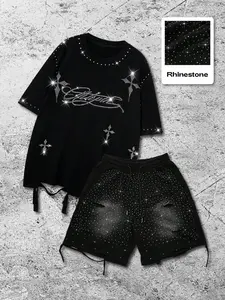 Men's two-piece set: Gothic street style American cross rhinestone distressed hem short-sleeved T-shirt and shorts set, fashionable rhinestone shorts, casual two-piece set, the perfect gift for your boyfriend.