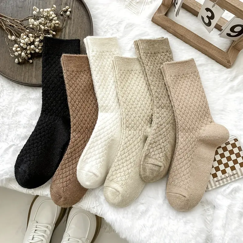 6 Pairs Women's Mid-Calf Socks, Small Rhombus Plush Socks, Autumn/Winter -Lined Thick Warm Socks, Trendy Solid Color Terrycloth Socks, Home Towel Socks
