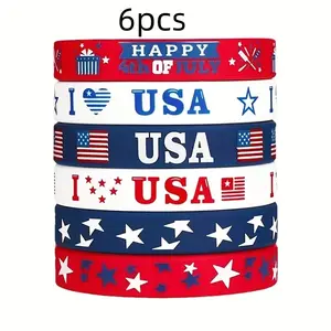 6pcs Colorful Printed American Flag Silicone Wristbands, Independence Day Party Accessories, Perfect Gift for Patriotic Celebrations