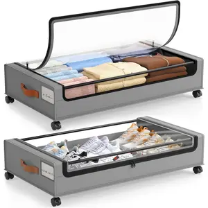 Under Bed Storage with Wheels 2 Pack, Under Bed Storage Containers with Clear Lid & PU Leather Handle, 6.7 Inches Height Rolling Underbed Drawer Organizer Bins for Clothes, Shoes, Blankets, GreyVelvet Bloom15