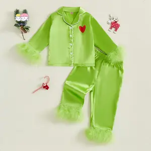 Kid Christmas Satin Pajamas Set Heart Print Long Sleeve Lapel Button Down Tops with Pants Feather Cuffs Sleepwear