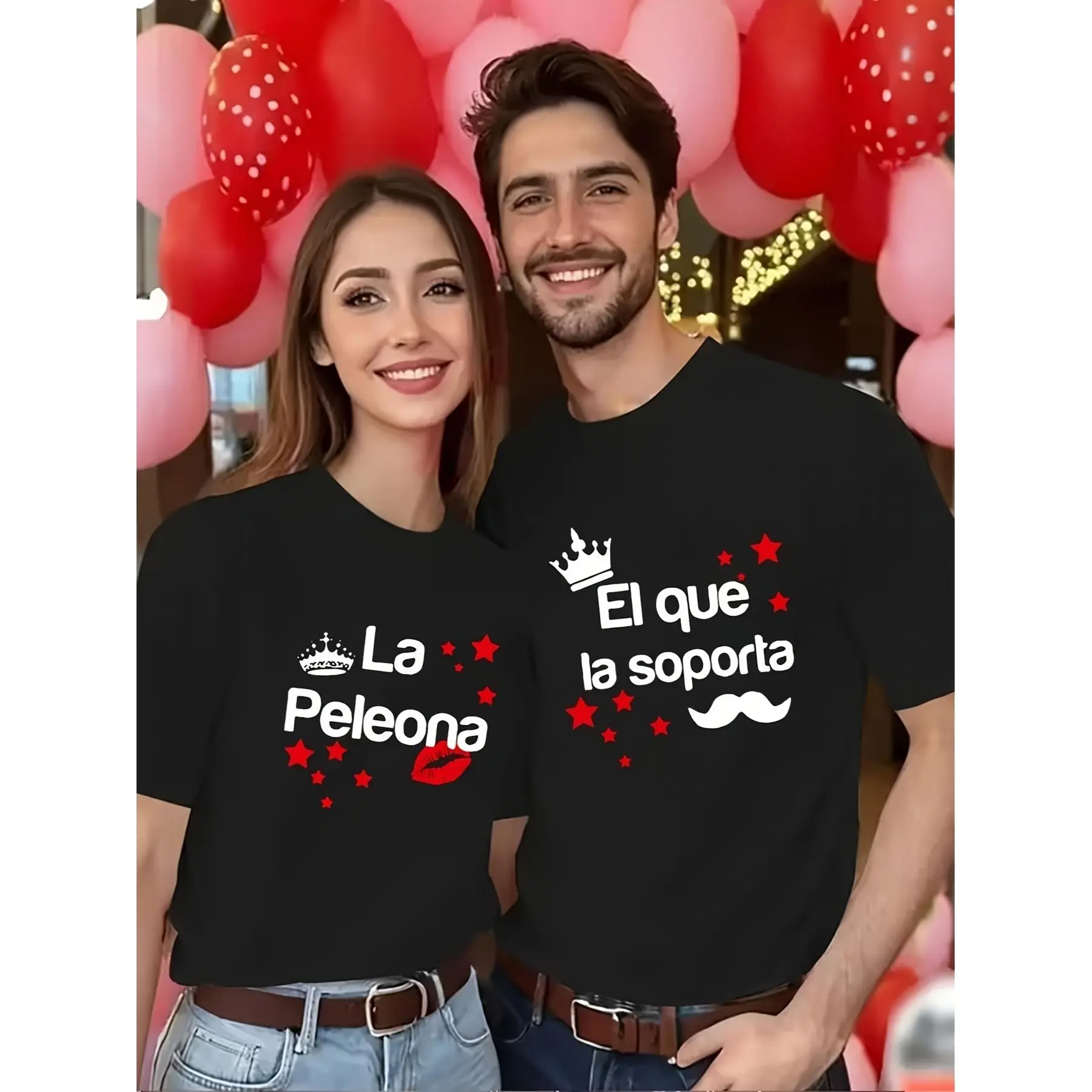 1pc Romantic Spanish Love Couple'S Short Sleeve T-Shirt | Black and Red Contrast with Crown and Mustache Design, Breathable 2D Heat Transfer, Casual Style Crew Neck, Perfect for Valentine'S Day Holiday Gift