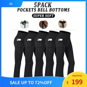 5-Pack Women's Super Soft Flare Pants With Pockets, High Waisted Tummy Control Athletic Yoga Boot Pants Athleisure Bottoms Athleisure Style Bottoms